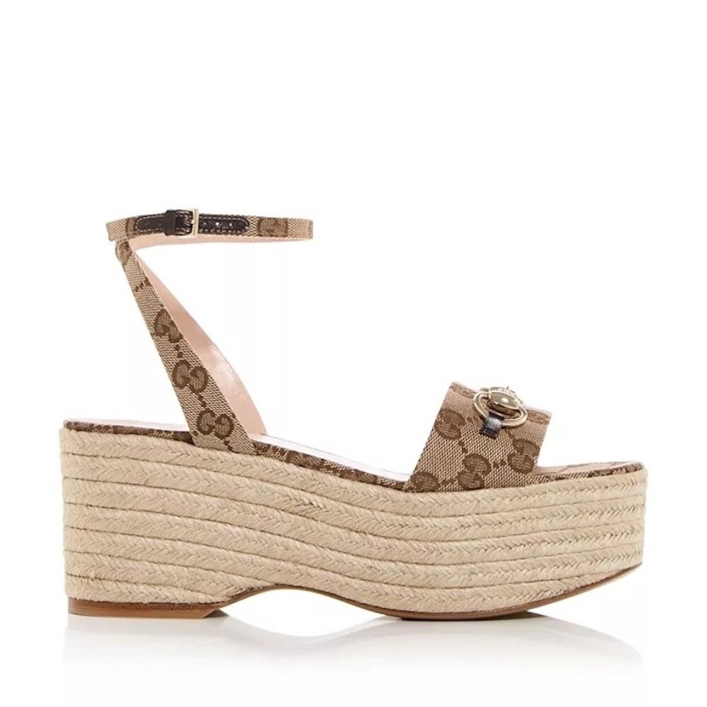 Gucci Horsebit GG Supreme Platform Espadrille Wedge Heel Sandals Shoes - Picture 2 of 16